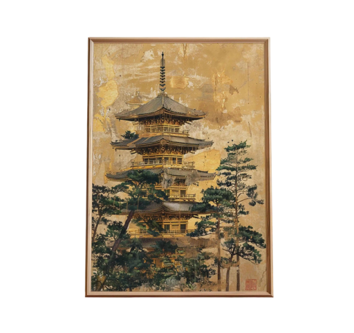 Plakát na zeď japonská pagoda 30 × 40 cm tisk na plátno zlatohnědý zelený orientální motiv dekorace do interiéru bez rámu