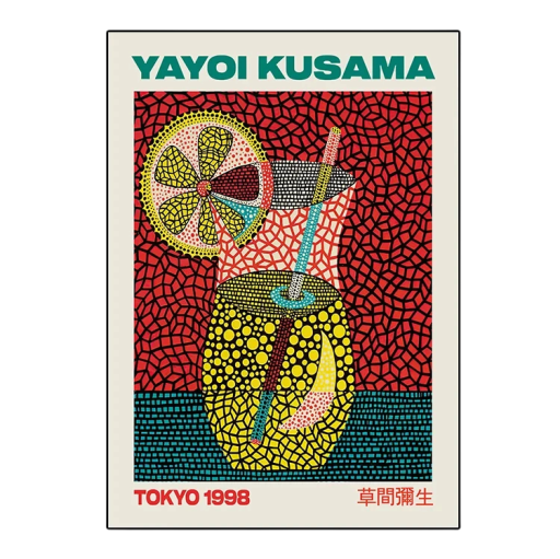 Plakát na zeď limonáda ve sklenici Yayoi Kusama styl 20 x 30 cm tisk na plátno červeno žluto zelený motiv dekorace do bytu bez rámu