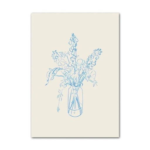 Plakát na zeď váza s květinami 30 × 40 cm tisk na plátně minimalistický modro béžový liniový motiv dekorace do interiéru