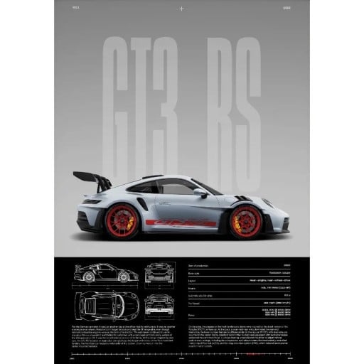 Plakat på væg GT3 RS racervogn 40 x 60 cm lærredstryk grå-rød motiv uden ramme indretning til interiøret