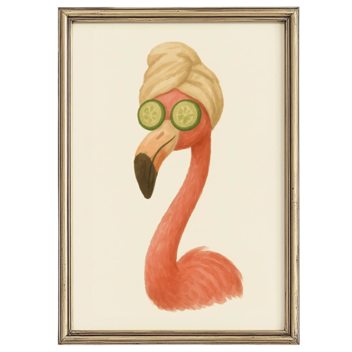 Plakat på væg med flamingo med håndklæde og agurker på øjnene 30 x 40 cm tryk på lærred rosa uden ramme dekoration til badeværelset