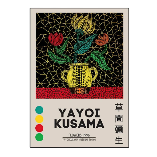Plakat på væg Yayoi Kusama stil blomster i vase 40 x 60 cm tryk på lærred farverig blød plakat dekoration til hjemmet uden ramme