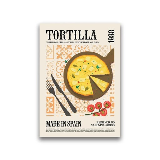 Plakat på væggen med motiv af tortilla 40 x 60 cm tryk på lærred beige dekorativt billede spansk køkken dekoration til hjemmet restaurant bistro