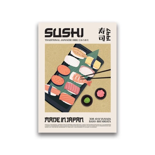Plakat på væggen med sushi motiv 50 × 70 cm Tryk på lærred Blød vægplakat Japansk køkken Indretning til lejlighed restaurant bistro
