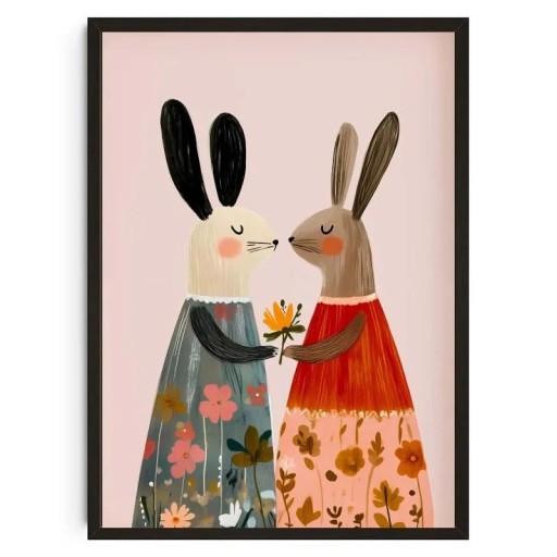 Plakat på væggen med to kaniner og en blomst 20 x 30 cm tryk på lærred farvet illustration dekoration til børneværelset uden ramme