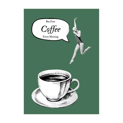 Plakát pe perete săritură în ceașcă cu cafea 40 x 60 cm tipărit pe pânză fundal verde ilustrație decorare pentru apartament și cafenea fără ramă
