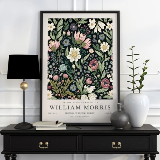 Plakát s botanickým květinovým vzorem William Morris 40x60 cm polyesterové plátno černo zelený dekorativní obraz na zeď