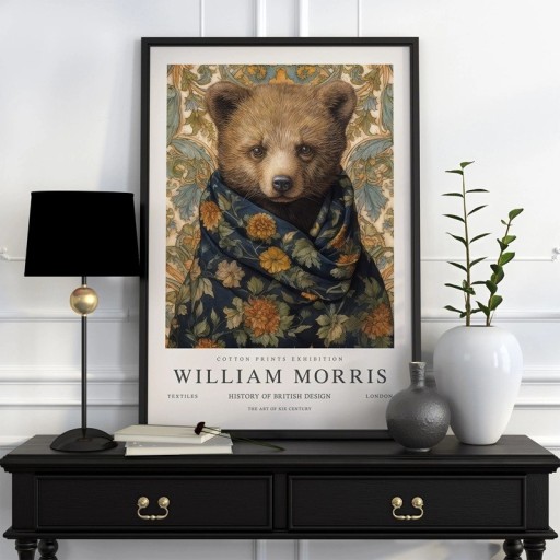 Plakát s medvědem a botanickým motivem William Morris 40x60 cm polyesterové plátno hnědo-modrý dekorace na zeď do interiéru