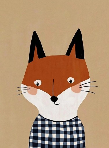 Plakat ścienny z malowidłem lisa w kraci 20x30 cm płótno bez ramy pomarańczowy beżowy niebieski dekoracja na ścianę do pokoju dziecięcego