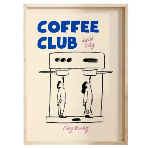 Plakat til væg coffee club med motiv af kaffemaskine 50 × 70 cm tryk på lærred blå tekst sort illustrativt motiv dekoration til hjemmet uden ramme