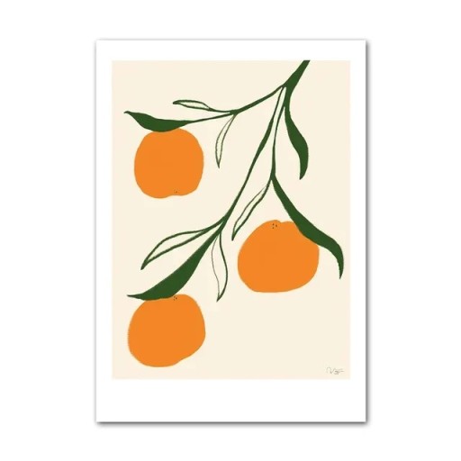 Plakat til væg illustration af appelsiner på gren 30 × 40 cm tryk på lærred orange-grøn minimalistisk motiv indretning uden ramme
