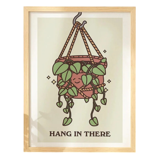 Plakat til væg med hængende plante og teksten Hang in There 40 x 60 cm print på lærred grøn-beige naturligt motiv til hjemmet uden ramme
