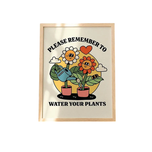Plakat til væg med illustration af blomster og teksten Vand dine planter 20 x 30 cm tryk på lærred gul baggrund dekoration til hjemmet uden ramme