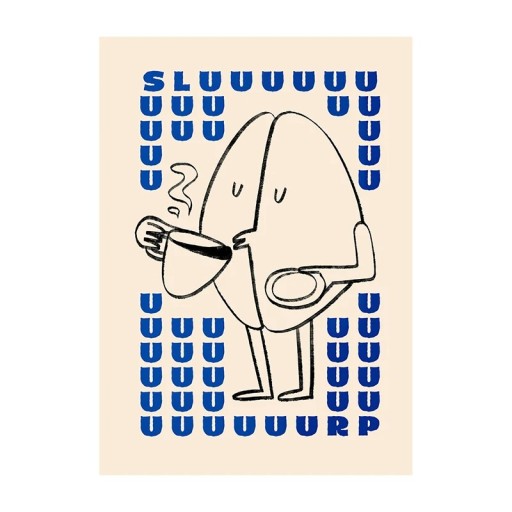 Plakat til væg med kaffebønne og krus illustration 20 × 30 cm tryk på lærred beige baggrund dekoration til hjemmet og café uden ramme