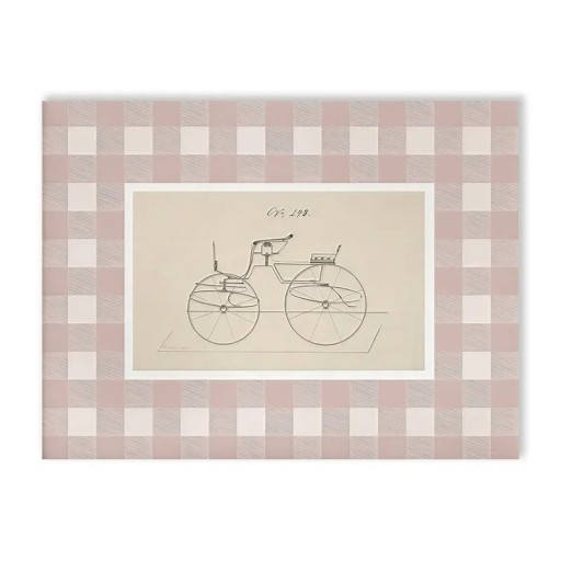 Plakat til væg med motiv af cykel 15 x 20 cm tryk på lærred lyserød-beige ternet baggrund uden ramme dekoration til børneværelse