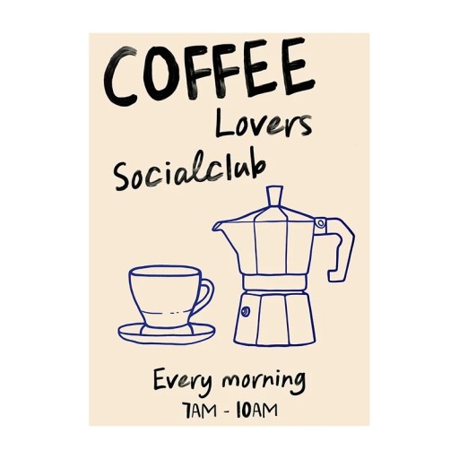 Plakat til væg med motiv af kaffeelskere moka kande og kop 50 x 70 cm tryk på lærred beige dekoration til køkkenet i lejligheden og caféen uden ramme