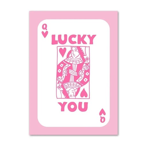 Plakat til væg med spilkort lucky you 20 x 30 cm tryk på lærred rosa dekoration uden ramme stilfuld indretning