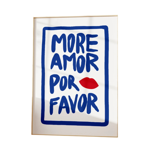 Plakat til væg med teksten more amor por favor 20 x 30 cm tryk på lærred blå rød maksimalistisk dekoration til indretning uden ramme