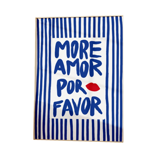 Plakat til væg med teksten More Amor Por Favor 50 x 70 cm tryk på lærred blødt uden ramme blå dekoration til indretning
