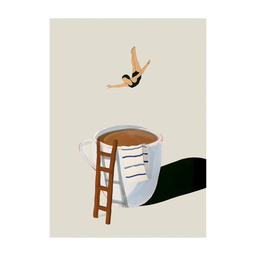 Plakat til væg spring i kaffekop 50 × 70 cm tryk på lærred blød plakat beige baggrund dekoration til hjemmet café interiør