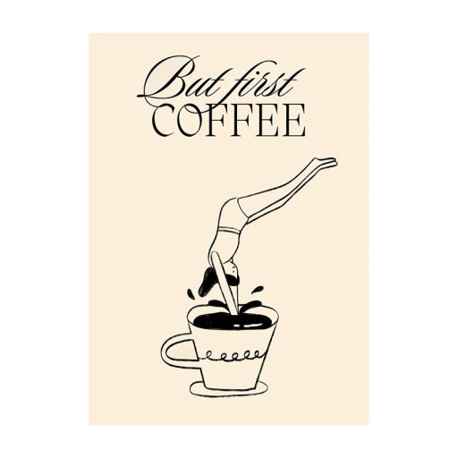 Plakat til væggen med illustration af spring ind i en kaffekop 50 x 70 cm tryk på lærred beige sort dekoration til indretning af lejlighed eller café uden ramme