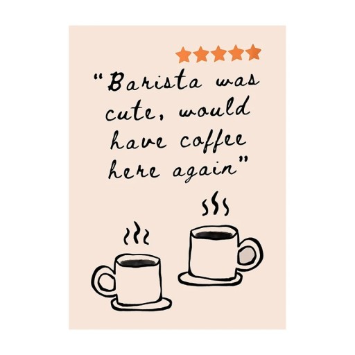 Plakat til væggen med motiv af to kaffekopper og sjov tekst 50 × 70 cm tryk på lærred beige dekoration til hjemmet og café uden ramme