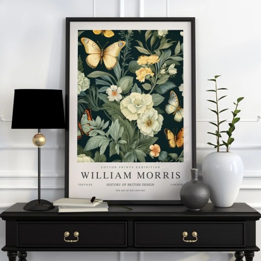 Plakat William Morris blomster og sommerfugle 50x70 cm polyester lærred mørkegrøn creme vægdekoration til indendørs brug