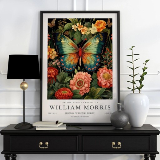 Plakát William Morris botanický motiv květin a motýlka 20x30 cm polyesterové plátno nástěnná dekorace do interiéru