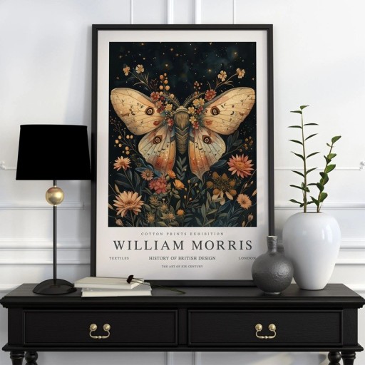 Plakát William Morris botanický motiv s noční oblohou a motýlem 40x60 cm polyesterové plátno tmavá dekorace na zeď