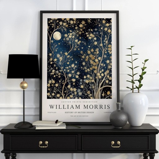 Plakat William Morris botanisk motiv af nat og blade 50x70 cm polyester lærred dekoration til væg i interiøret