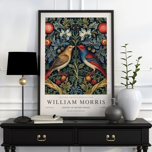 Plakat William Morris botanisk motiv af planter og fugle 20x30 cm polyester lærred vægdekoration til indendørs brug