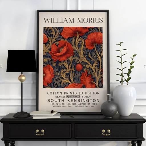 Plakat William Morris botanisk motiv med røde blomster 40x60 cm polyester lærred farverig vægdekoration til indretning