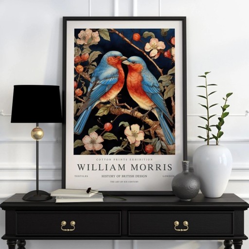 Plakat William Morris botanisk motiv med to fugle 40x60 cm polyester lærred farverig vægdekoration til indretning