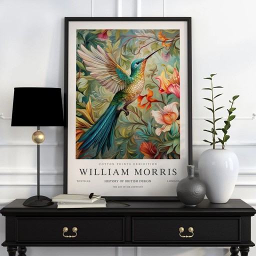 Plakat William Morris kolibri og blomster 50x70 cm polyester lærred flerfarvet vægdekoration til indendørs brug
