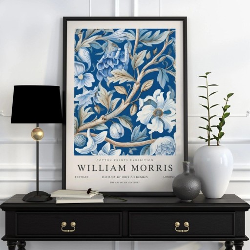 Plakat William Morris med blomster botanisk mønster 20x30 cm polyester lærred blå hvid billede til væg i interiør