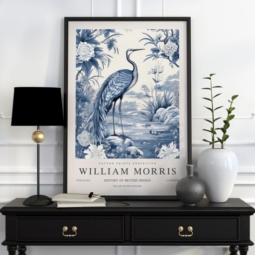 Plakat William Morris med botanisk motiv af en fiskehejre 30x40 cm polyester lærred blå-hvid indretning