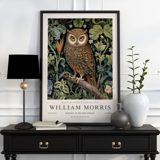 Plakat William Morris med botanisk motiv af en ugle 30x40 cm polyester lærred vægdekoration til indendørs brug