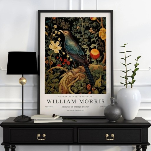 Plakat William Morris med botanisk motiv af fugl 30x40 cm polyester lærred sort med blomster vægdekoration til indretning