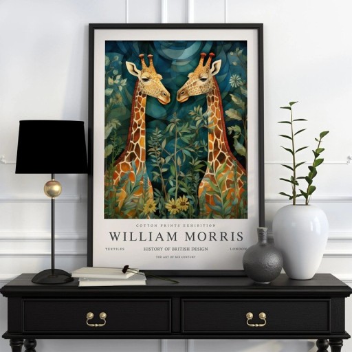 Plakat William Morris med botanisk motiv af giraffer 30x40 cm polyester lærred grøn-orange indretning
