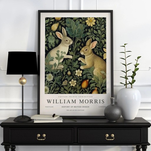Plakat William Morris med botanisk motiv af kaniner 30x40 cm polyester lærred sort med grønne blade vægdekoration