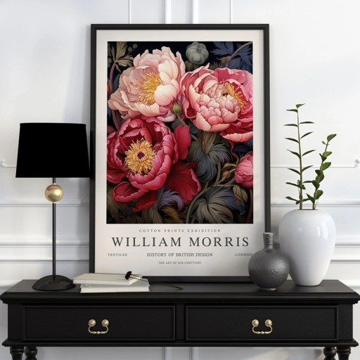 Plakat William Morris med botanisk motiv af pæoner 30x40 cm polyester lærred sort-lyserød indretning