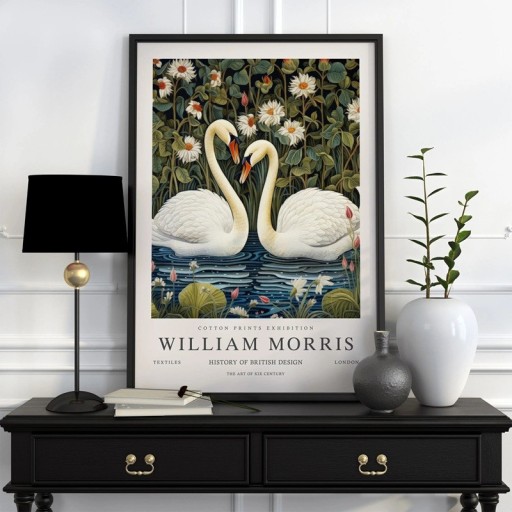 Plakat William Morris med botanisk motiv af svaner 30x40 cm polyester lærred hvid og grøn vægdekoration til indretning