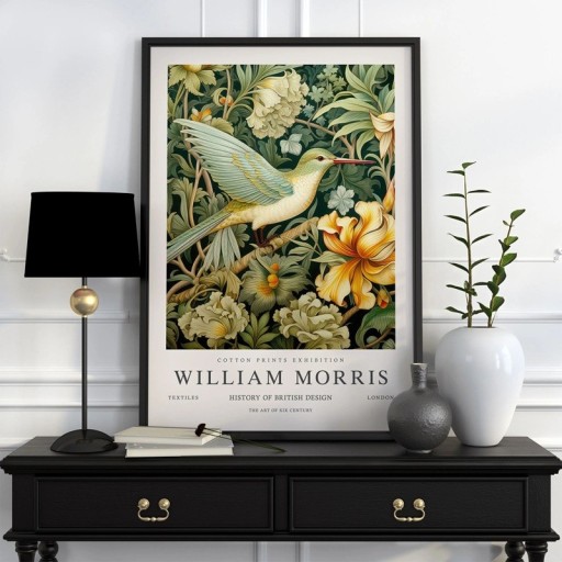 Plakat William Morris med fugl og blomsterdesign 50x70 cm polyester lærred grøn-gul udførelse vægdekoration