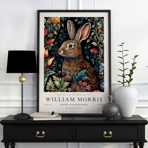 Plakat William Morris med kanin og botanisk motiv 20x30 cm polyester lærred sort-brun billede til væg i interiør