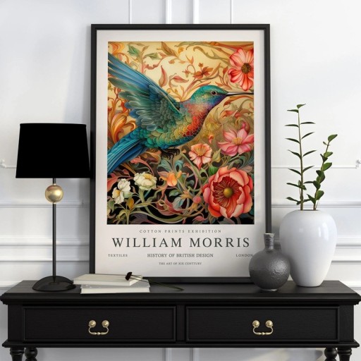 Plakat William Morris med kolibri og blomstermønster 20x30 cm polyester lærred farverigt billede til væggen i interiøret