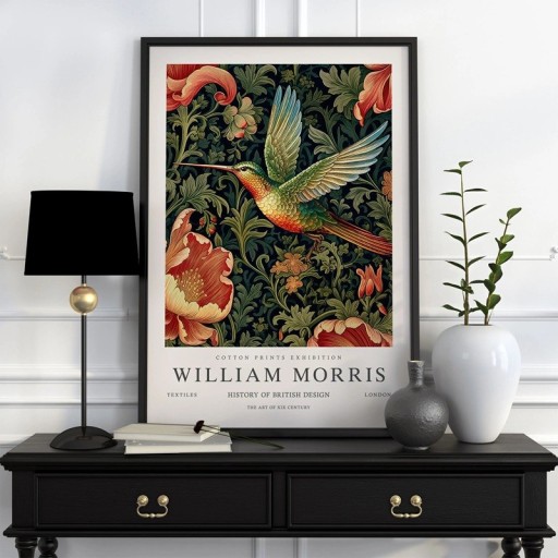 Plakat William Morris med kolibri og blomstermotiv 20x30 cm polyester lærred mørkegrøn vægmaleri til indretning