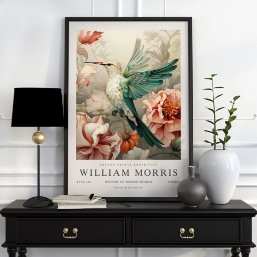 Plakat William Morris med kolibri og blomstermotiv 50x70 cm polyester lærred grøn-beige udførelse vægdekoration