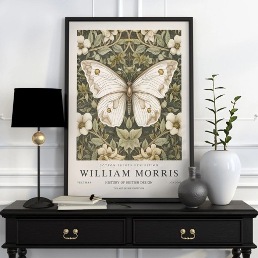 Plakat William Morris med sommerfugl og botanisk mønster 20x30 cm polyester lærred beige-grøn billede til væggen i boligen