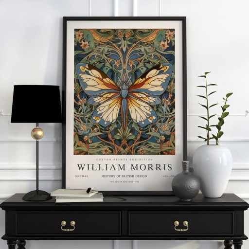 Plakat William Morris med sommerfugl og botanisk mønster 50x70 cm polyester lærred farverig dekorativt billede til indretning