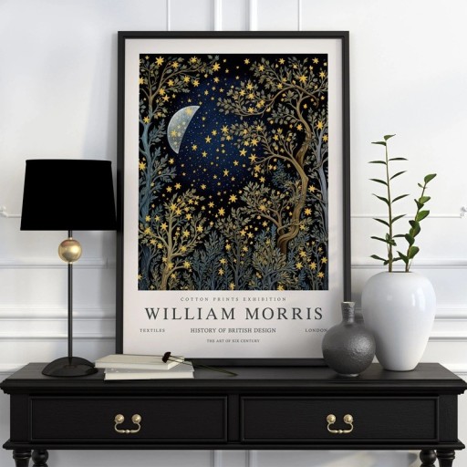 Plakat William Morris nattehimmel stjerner og træer 30x40 cm polyester lærred mørkeblå med gyldne elementer vægdekoration